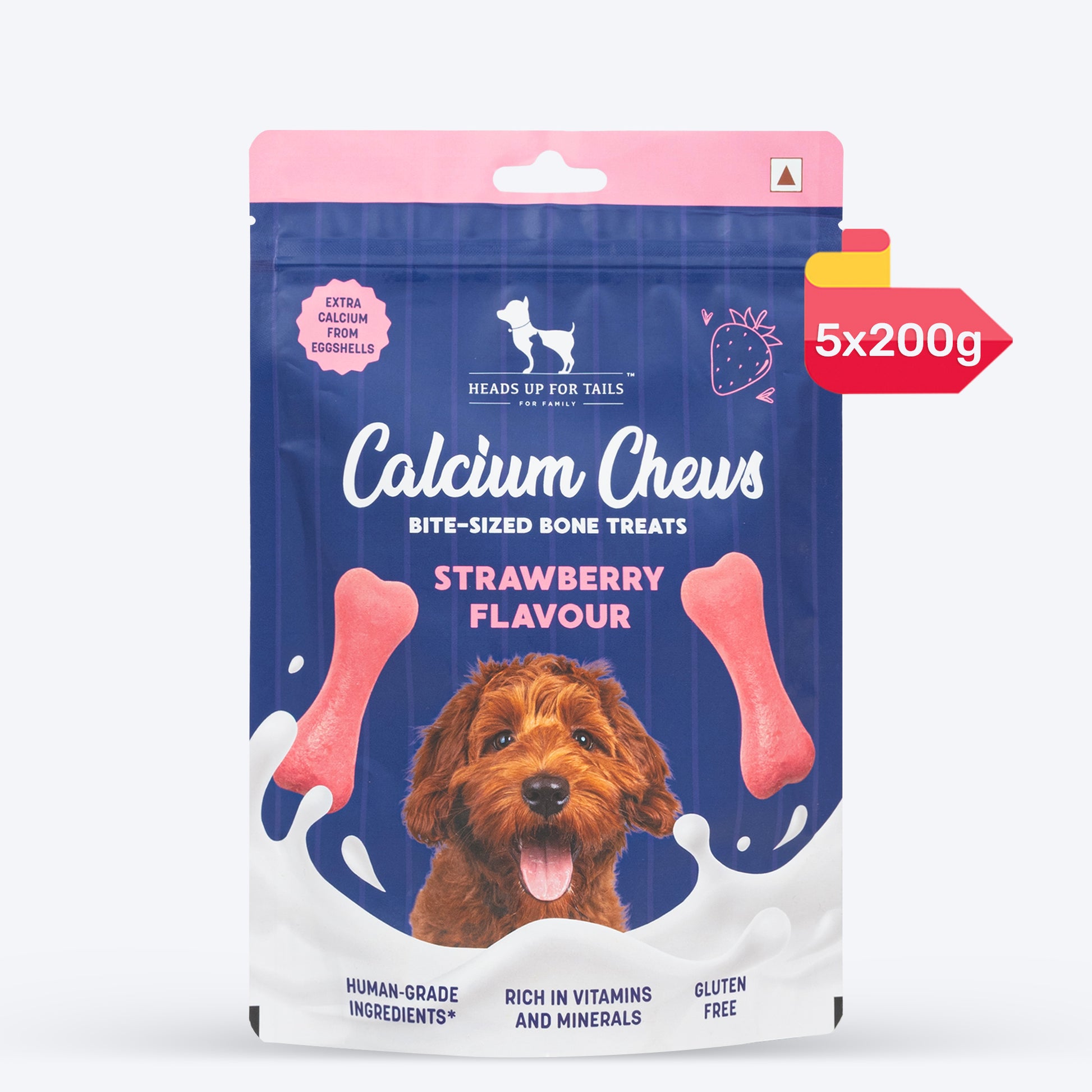 HUFT Calcium Chews Bite-Sized Bone Treats For Dog - Strawberry Flavour - Heads Up For Tails