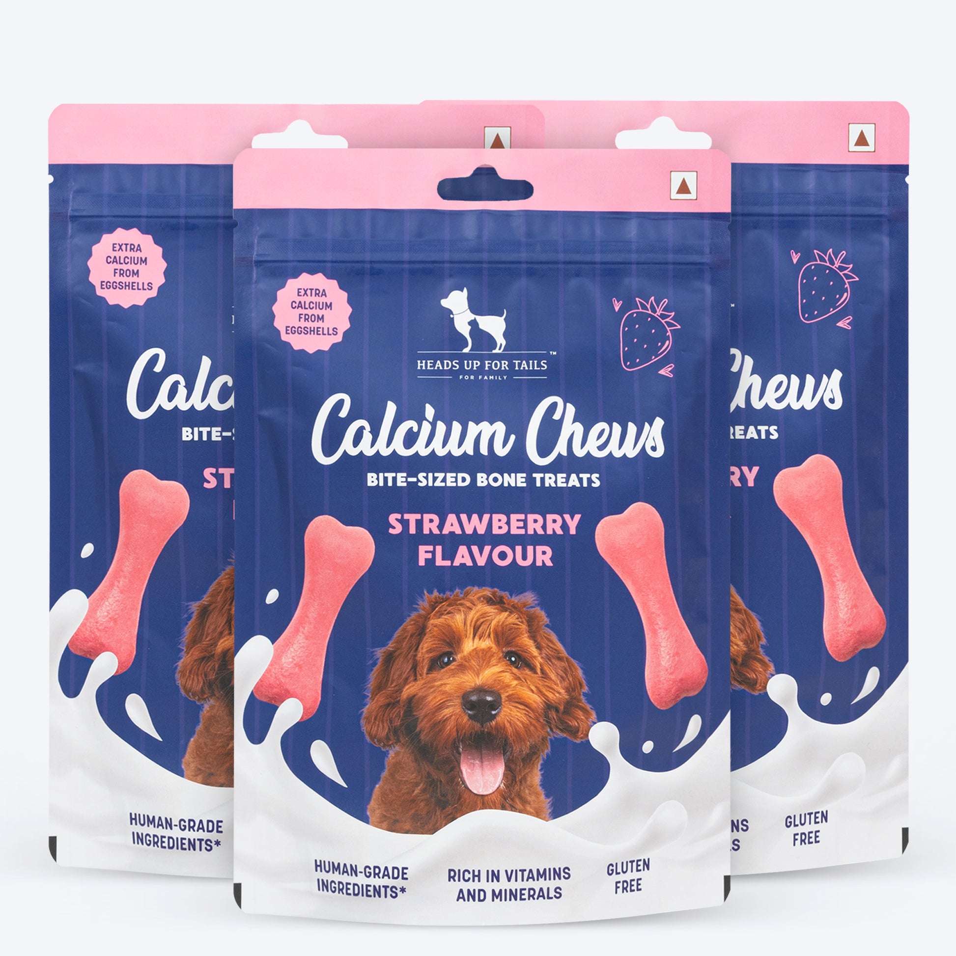 HUFT Calcium Chews Bite-Sized Bone Treats For Dog - Strawberry Flavour - Heads Up For Tails