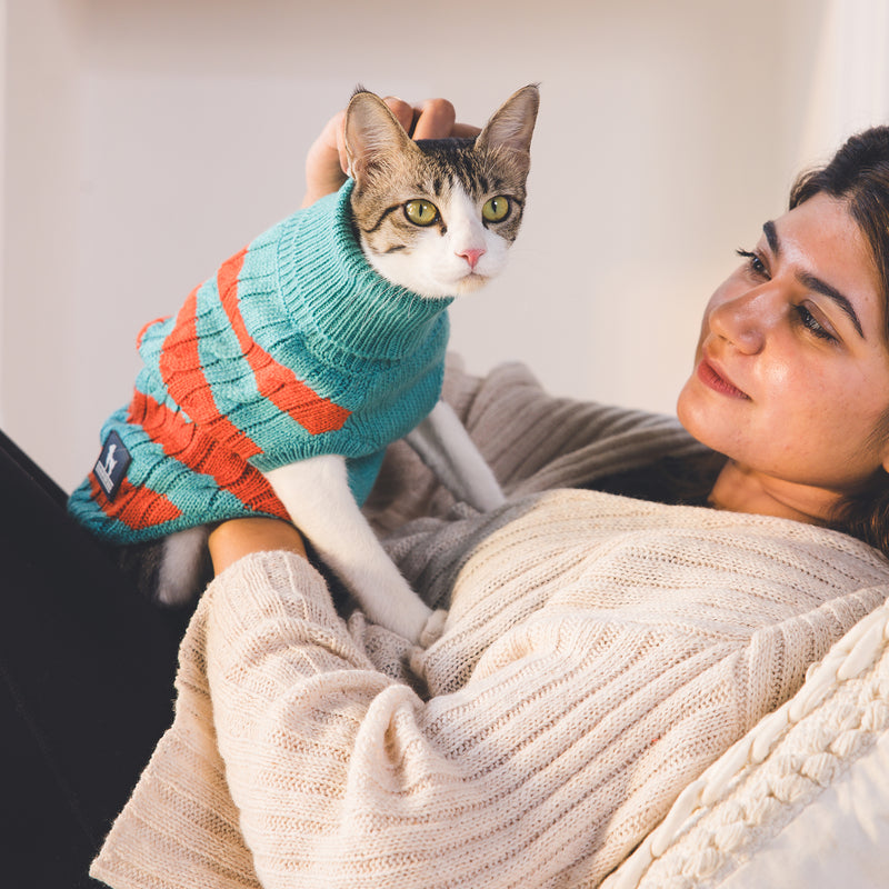 HUFT Snug Stripes Sweater For Cat - Turquoise & Orange_02