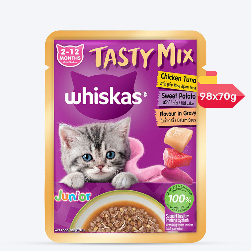 Whiskas Tasty Mix Chicken Tuna With Sweet Potato In Gravy Wet Food For Junior (2-12 Months) Kitten - 70 gm Pack - Heads Up For Tails