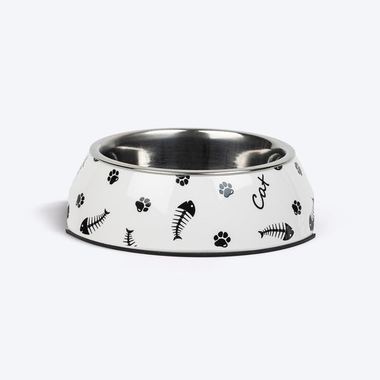 HUFT Fishy Paws Printed Melamine Bowl With Steel Insert For Cat - White - Heads Up For Tails