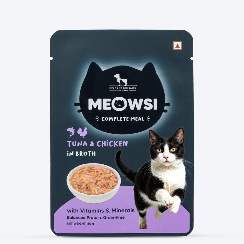Meowsi by HUFT Tuna & Chicken in Broth Cat Wet Food, 80 gm, with vitamins and minerals, grain-free formula.