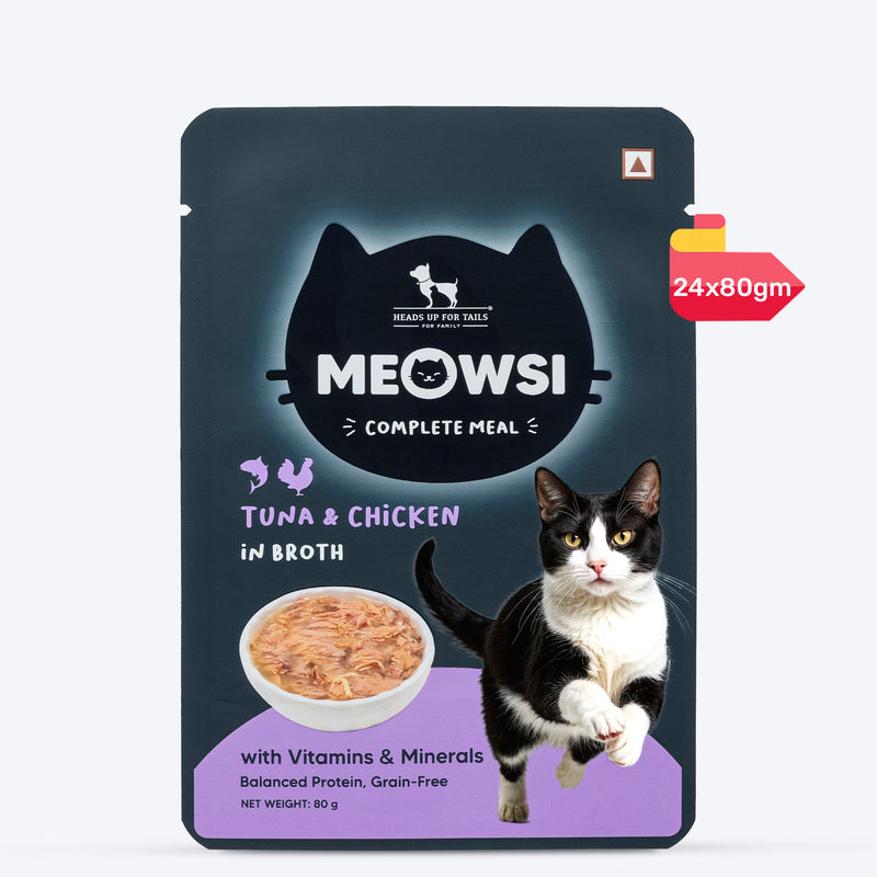 Meowsi by HUFT Tuna & Chicken in Broth Cat Wet Food, 80 gm, with vitamins and minerals, grain-free formula.
