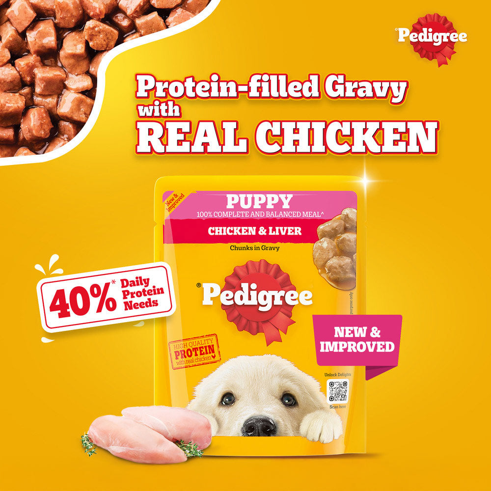 Pedigree Chicken & Liver Chunks in Gravy Wet Puppy Food - 70 g packs - Heads Up For Tails
