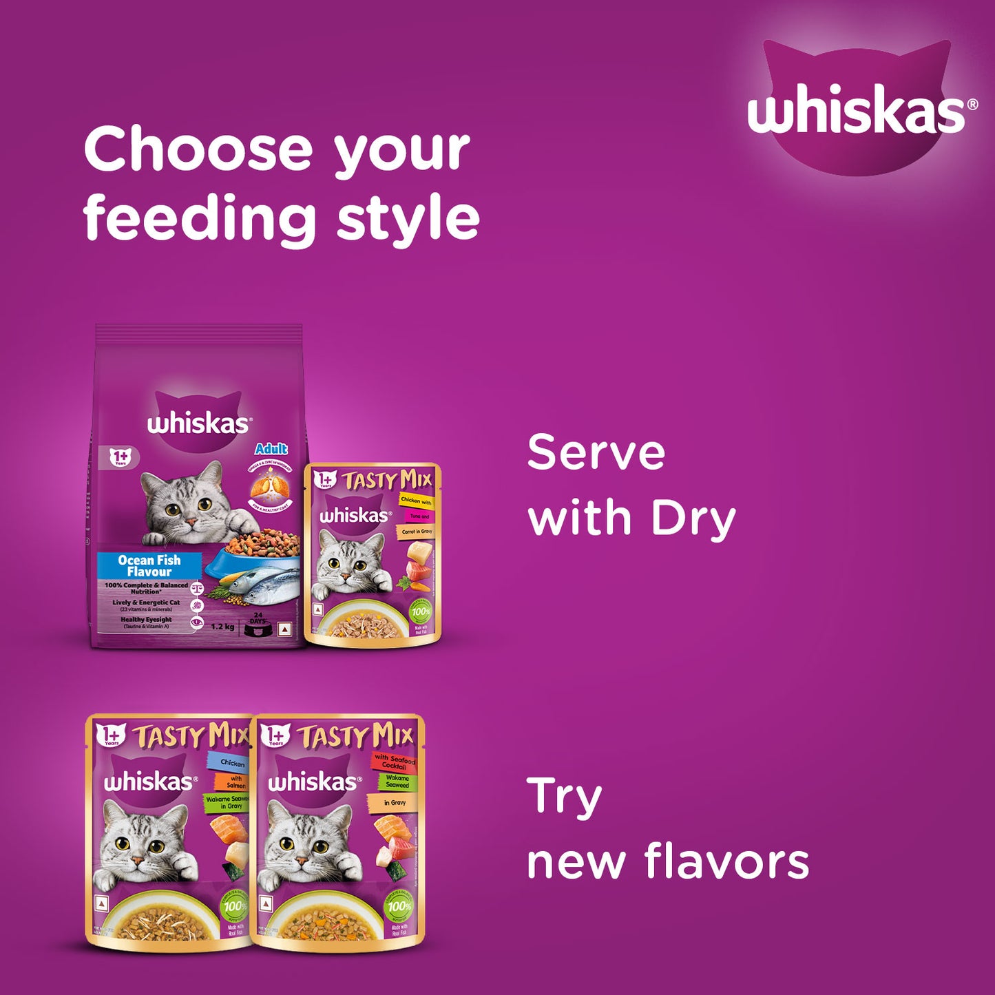 Whiskas Chicken With Salmon Wakame Seaweed Wet Food For Adult Cat - (28x70 gm) - Heads Up For Tails
