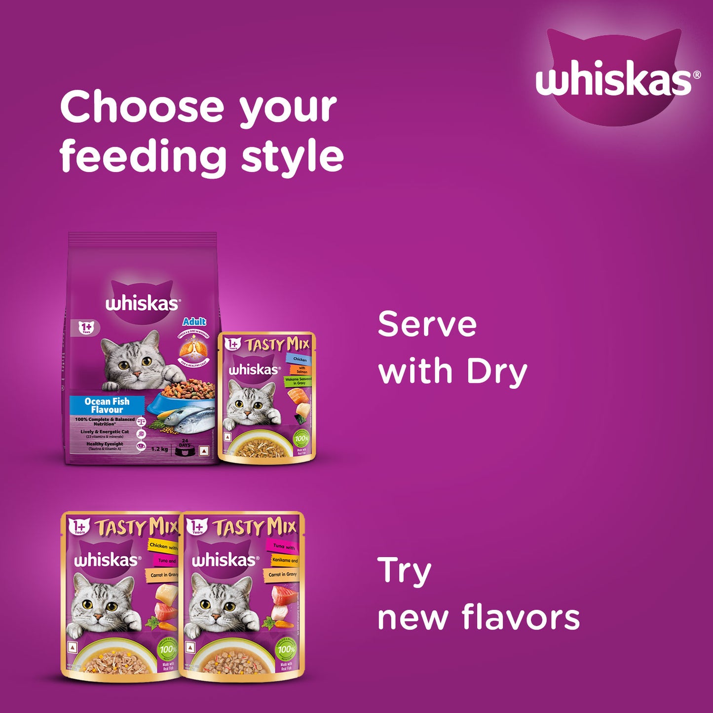 Whiskas Tasty Mix Wet Food Made With Real Fish (Salmon & Wakame Seaweed) With Chicken in Gravy For Adult (1+ year) Cat - 70 gm Pack
