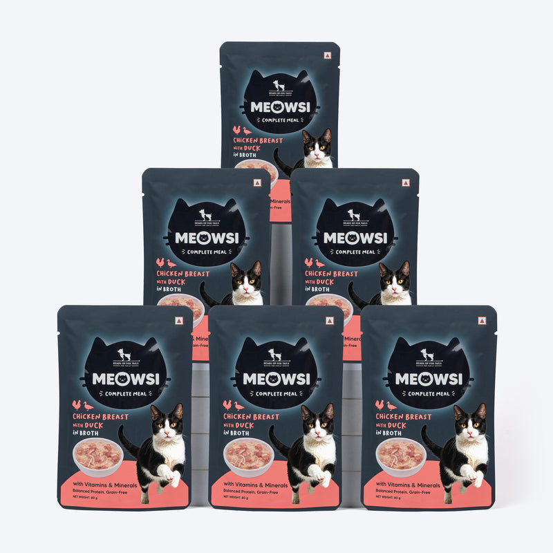 Meowsi by HUFT Chicken Breast with Duck in Broth Cat Wet Food, 80 gm, complete meal with vitamins and minerals.