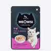 Meowsi Tuna & Chicken in Mousse Cat Wet Food, 80 gm, features a cat graphic and a bowl of mousse on the packaging.