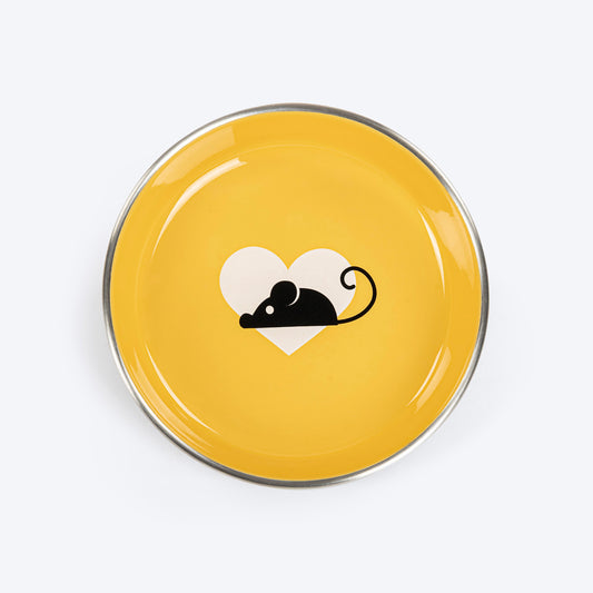 HUFT Purrfect Treat Printed Steel Bowl For Cat - Yellow - Heads Up For Tails