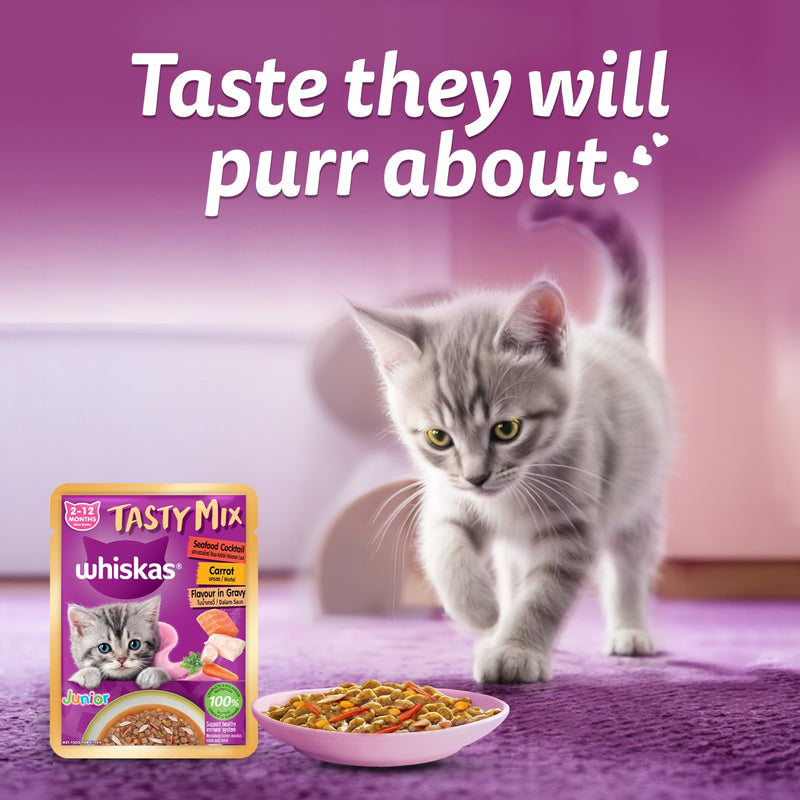 Whiskas Tasty Mix Seafood Cocktail With Carrot In Gravy Wet Food For Junior (2-12 Months) Kitten- 70 gm Pack - Heads Up For Tails