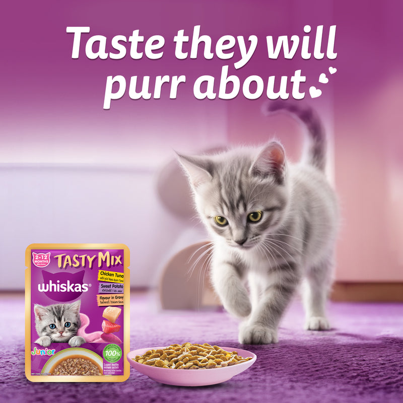 Whiskas Tasty Mix Chicken Tuna With Sweet Potato In Gravy Wet Food For Junior (2-12 Months) Kitten - 70 gm Pack - Heads Up For Tails