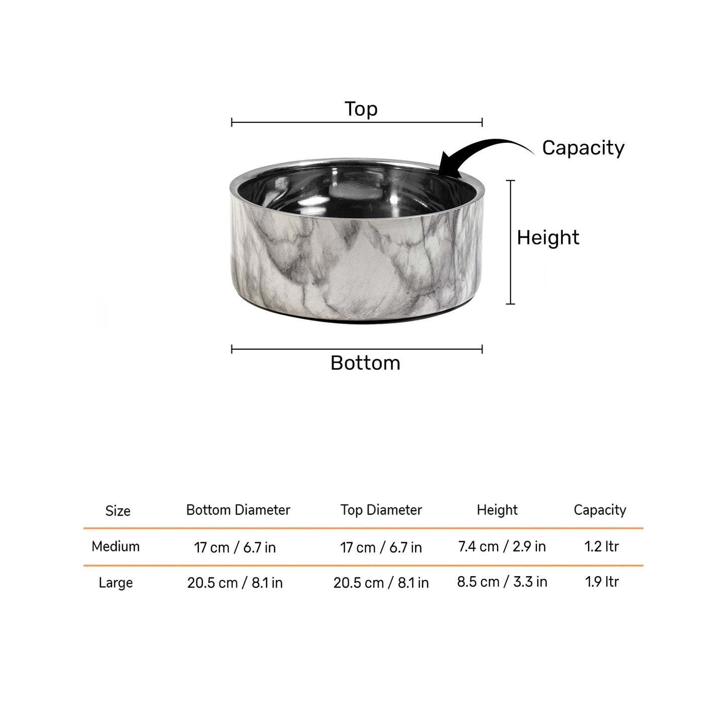 HUFT Marble Mist Printed Steel Bowl For Dog - Grey - Heads Up For Tails