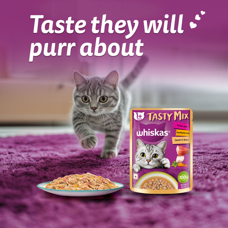 Whiskas Tasty Mix Wet Food Made With Real Fish (Tuna & Kanikama), And Carrot in Gravy For Adult (1+ year) Cat - 70 gm Pack - Heads Up For Tails