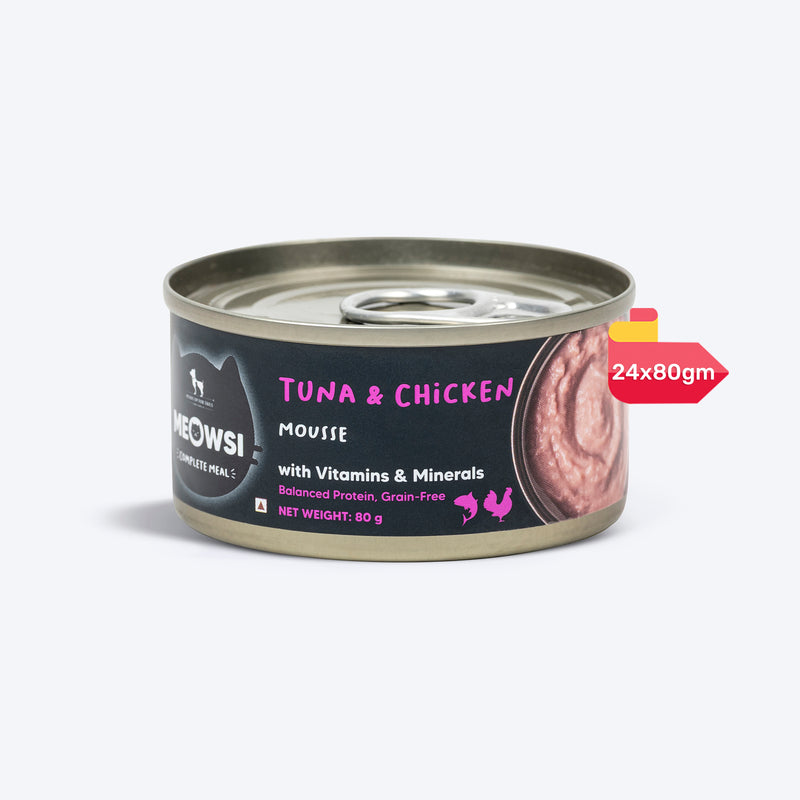 Meowsi by HUFT Tuna & Chicken in Mousse Canned Cat Wet Food, 80 gm, with vitamins and minerals, grain-free.