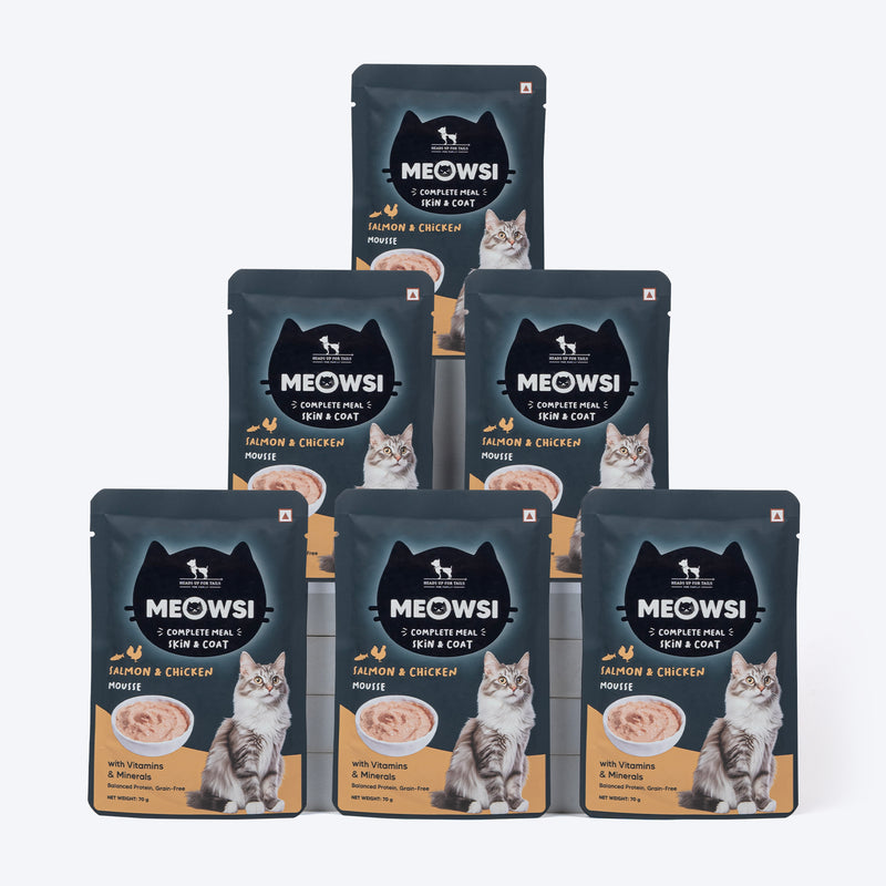 Meowsi by HUFT Skin & Coat Salmon & Chicken Mousse Cat Wet Food, 70 gm, with vitamins and minerals, grain-free.