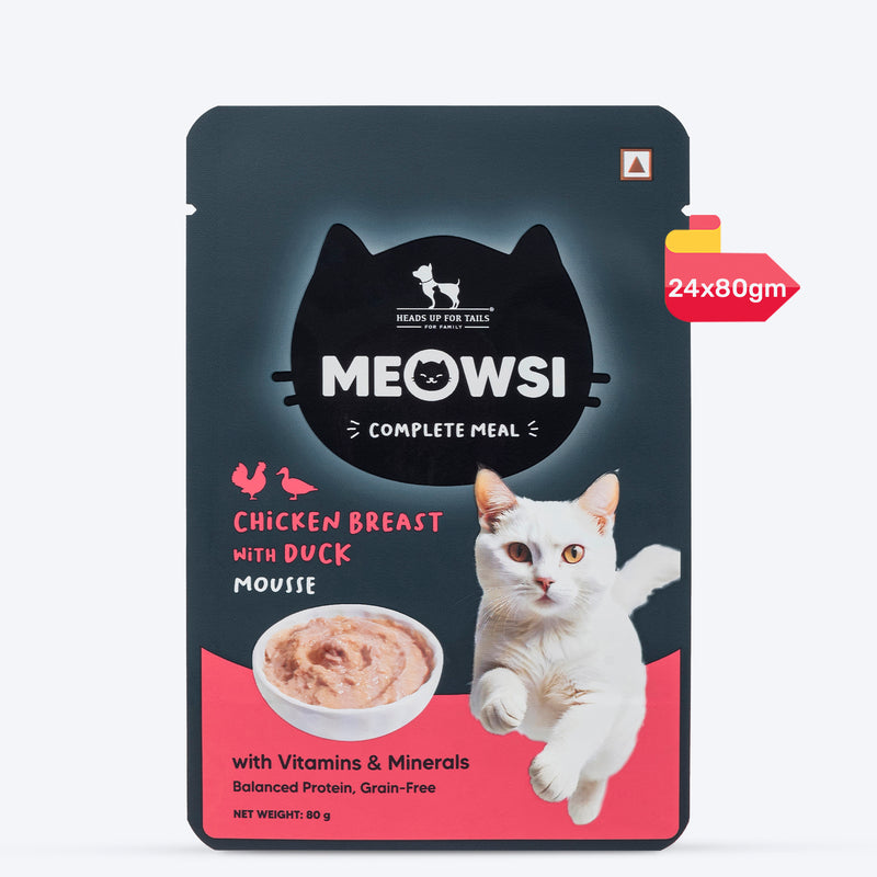 Meowsi by HUFT Chicken Breast with Duck Mousse Cat Wet Food, 80 gm, grain-free, with vitamins and minerals.