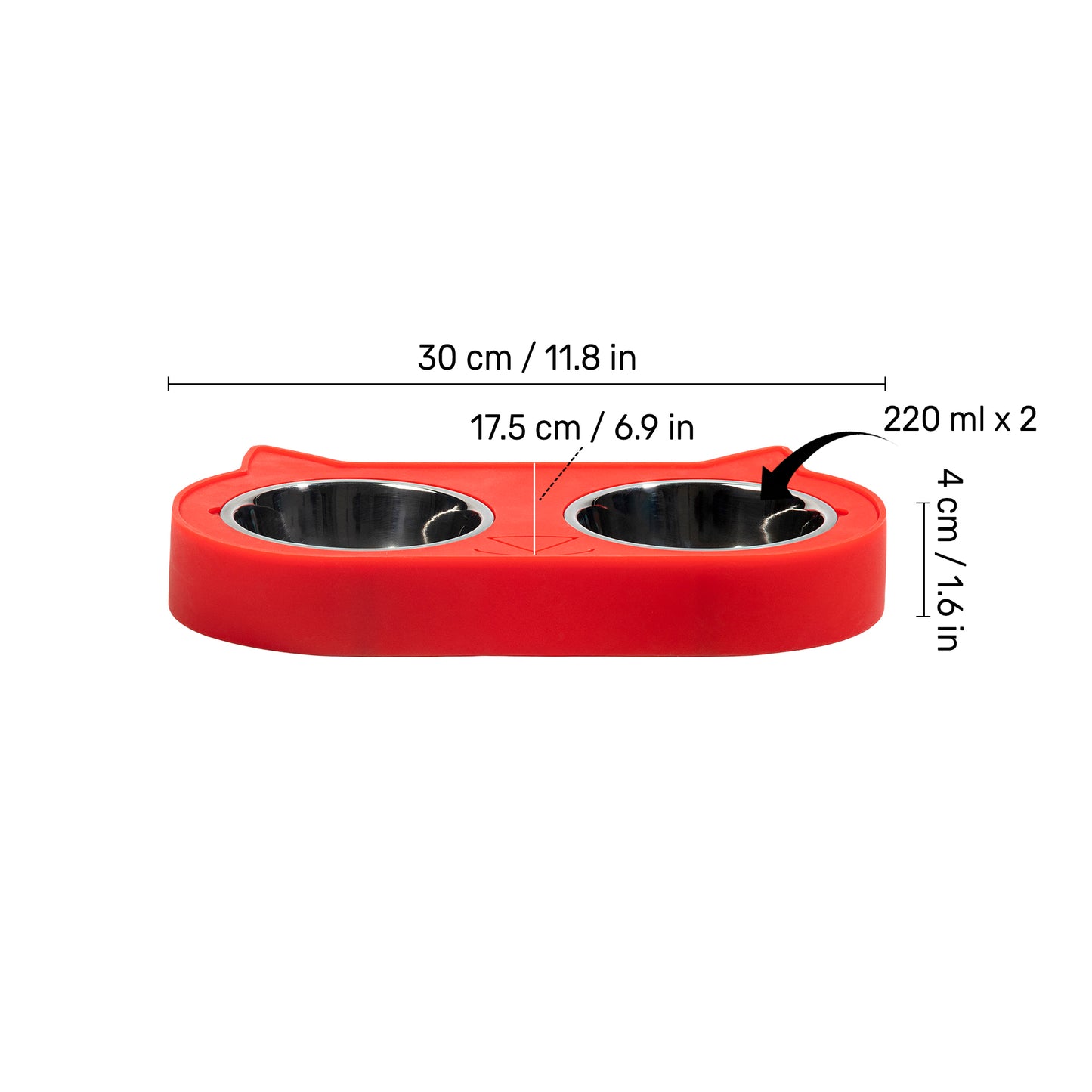 HUFT Cat Face Double Diner With Steel Bowls Inserts For Cat & Kitten - Red - Heads Up For Tails