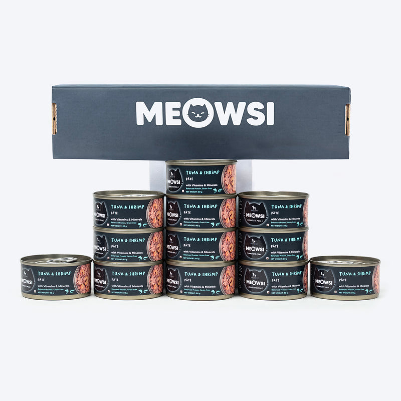 Meowsi by HUFT Tuna & Shrimp Pâté Canned Cat Wet Food, 80 gm, with vitamins and minerals, grain-free formula.