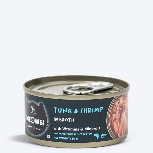 Meowsi by HUFT Tuna & Shrimp in Broth Canned Cat Wet Food, 80 gm, with vitamins and minerals, grain-free.