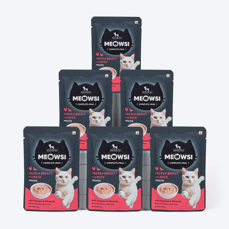 Meowsi by HUFT Chicken Breast with Duck Mousse Cat Wet Food, 80 gm, grain-free, with vitamins and minerals.