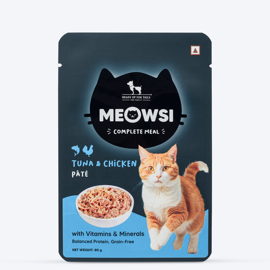 Meowsi by HUFT Tuna & Chicken Pâté Cat Wet Food, 80 gm, grain-free, with vitamins and minerals for balanced nutrition.