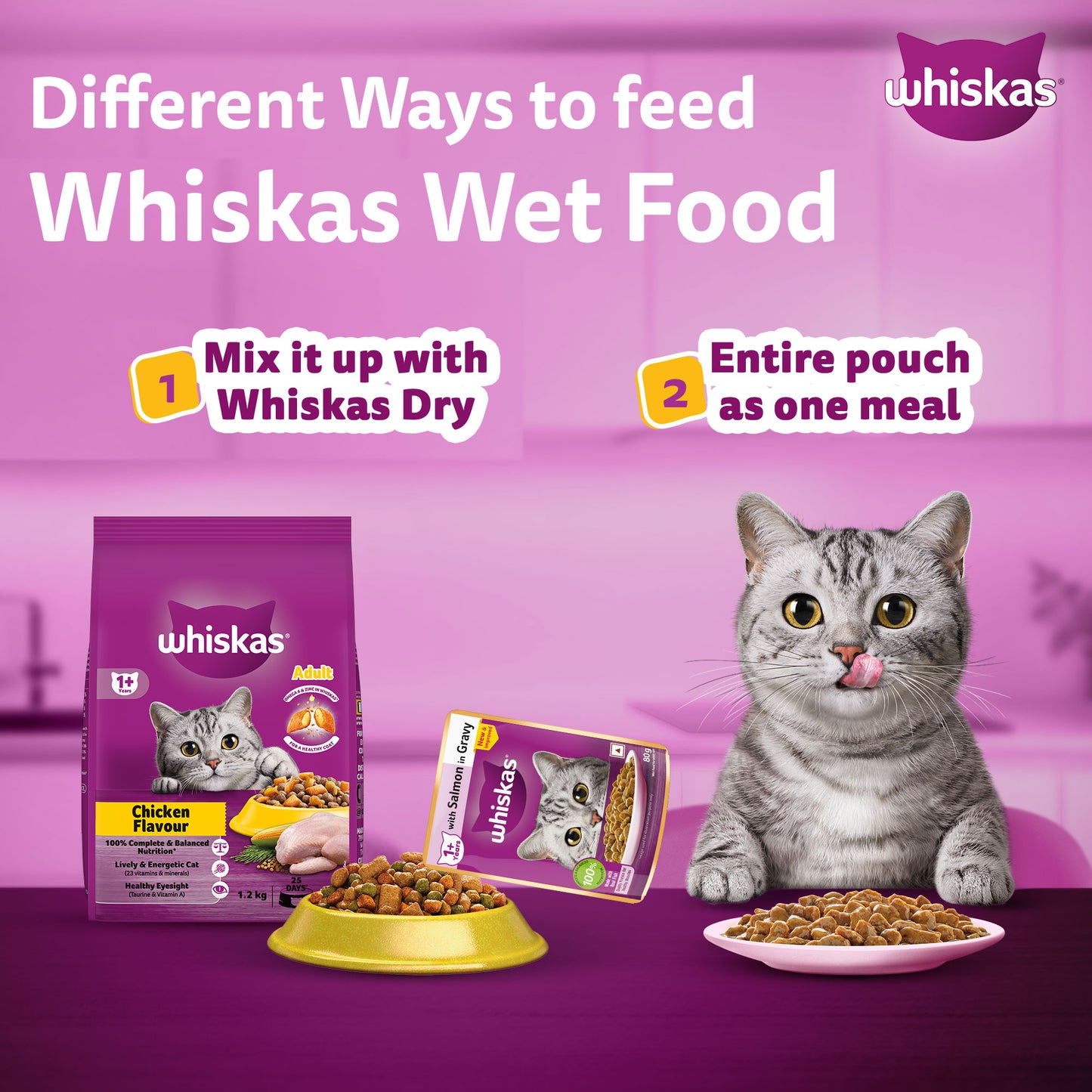 Whiskas Salmon in Gravy (1+ Years) Wet Food For Adult Cat - 80 gm Pack - Heads Up For Tails