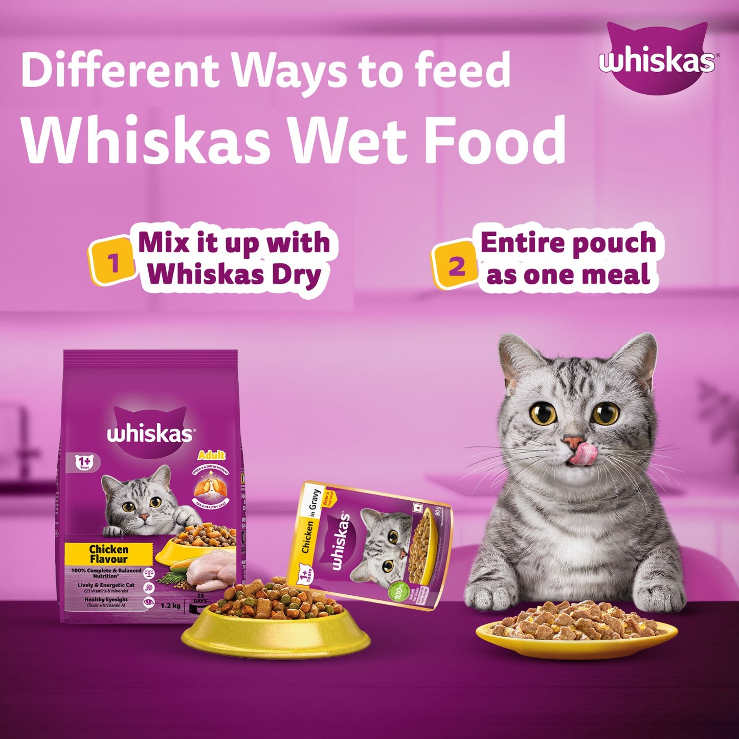 Whiskas Chicken in Gravy (1+ Years) Wet Food For Adult Cat - 80 gm Pack - Heads Up For Tails