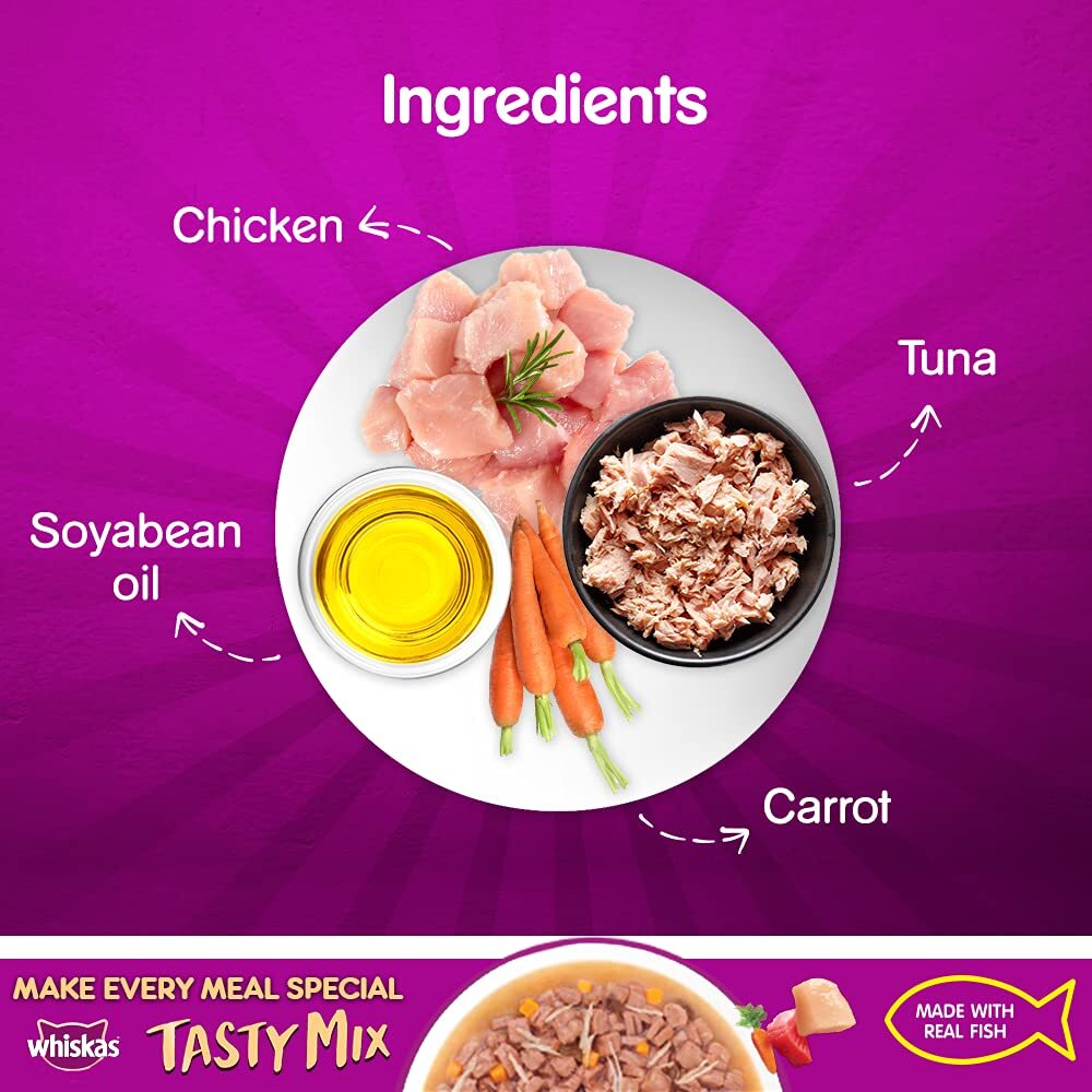 Whiskas Adult (1+ year) Tasty Mix Wet Cat Food Made With Real Fish, Chicken With Tuna And Carrot in Gravy - 70 g packs - Heads Up For Tails