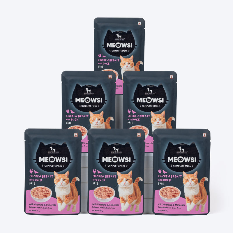 Meowsi by HUFT Chicken Breast with Duck pâté cat wet food, 80 gm, featuring a cat and a bowl of food on the packaging.