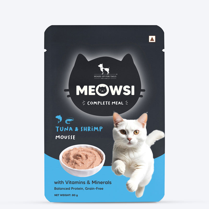 Meowsi Tuna & Shrimp Mousse Cat Wet Food, 80 gm, grain-free, with vitamins and minerals for balanced nutrition.