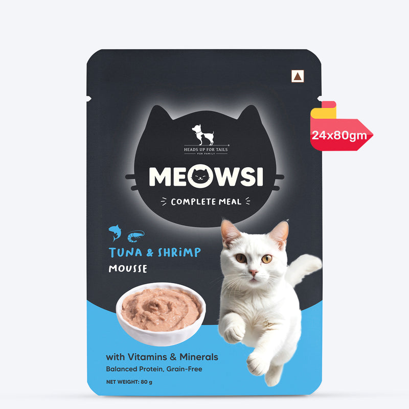 Meowsi by HUFT Tuna & Shrimp Mousse Cat Wet Food, 80 gm, grain-free, with vitamins and minerals for balanced nutrition.