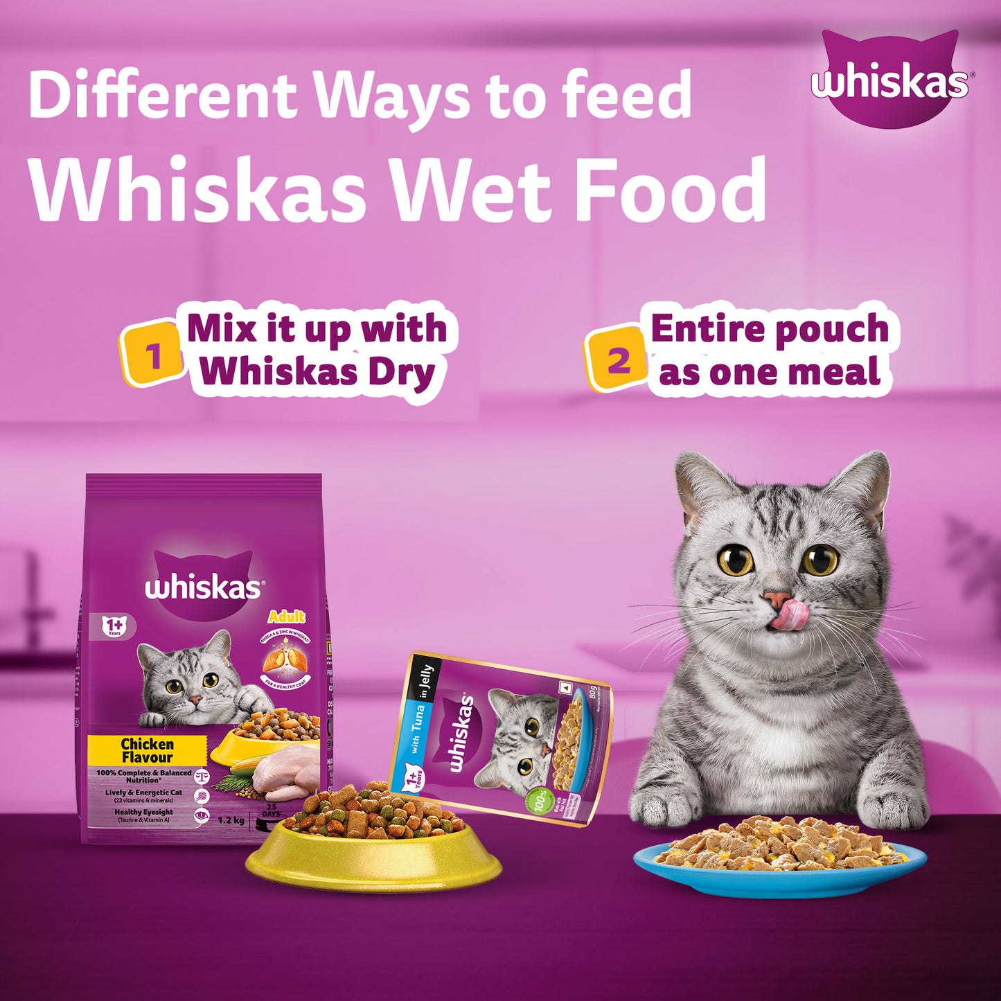 Whiskas Tuna in Jelly  (1+ Years) Wet Food For Adult Cat - 80 gm Pack - Heads Up For Tails