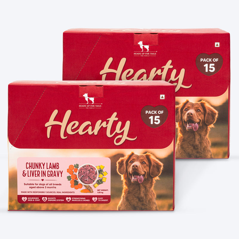 Hearty Chunky Lamb & Liver in Gravy dog food by Heads Up for Tails, 70 g, suitable for dogs over 3 months.