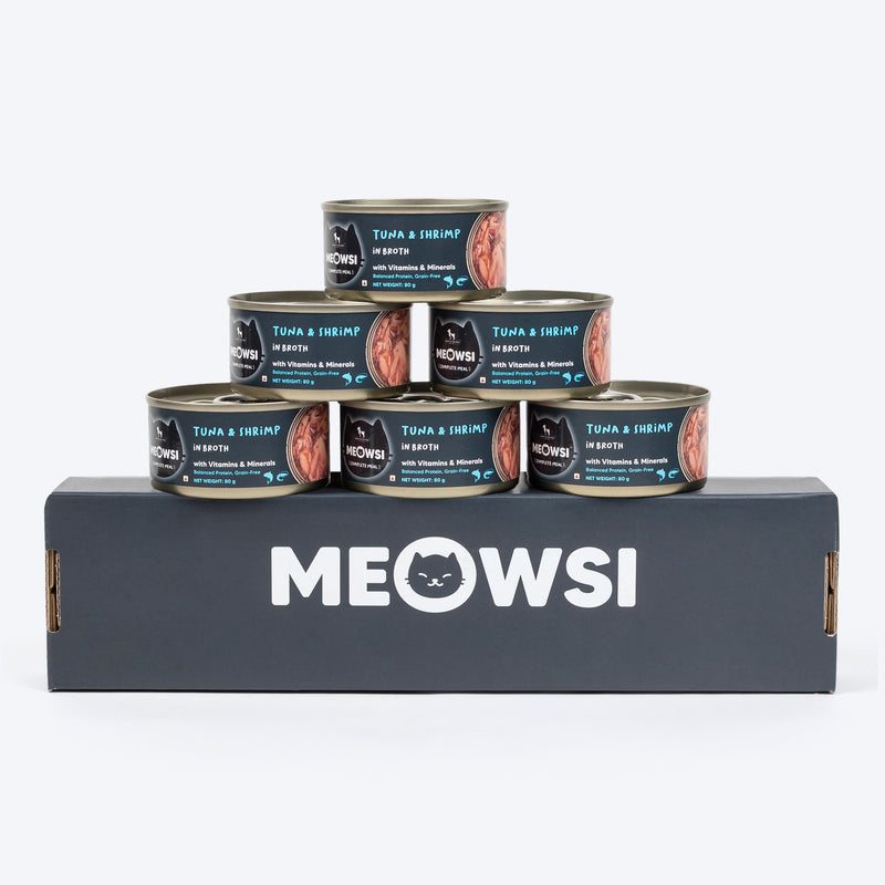 Meowsi by HUFT Tuna & Shrimp in Broth Canned Cat Wet Food, 80 gm, with vitamins and minerals, grain-free.