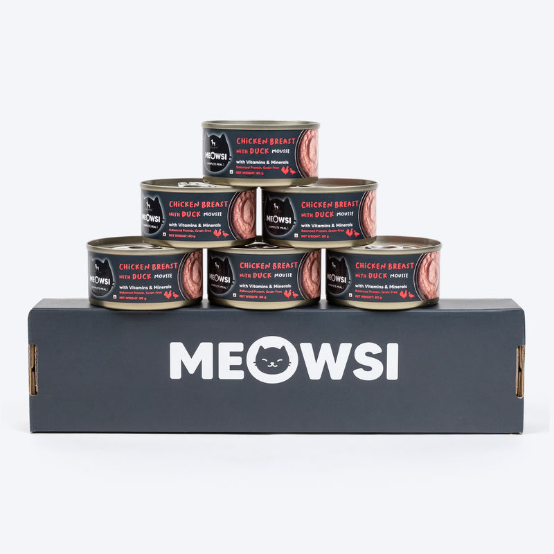 Meowsi by HUFT Chicken Breast with Duck Mousse Canned Cat Wet Food, 80 gm, includes vitamins and minerals, grain-free.
