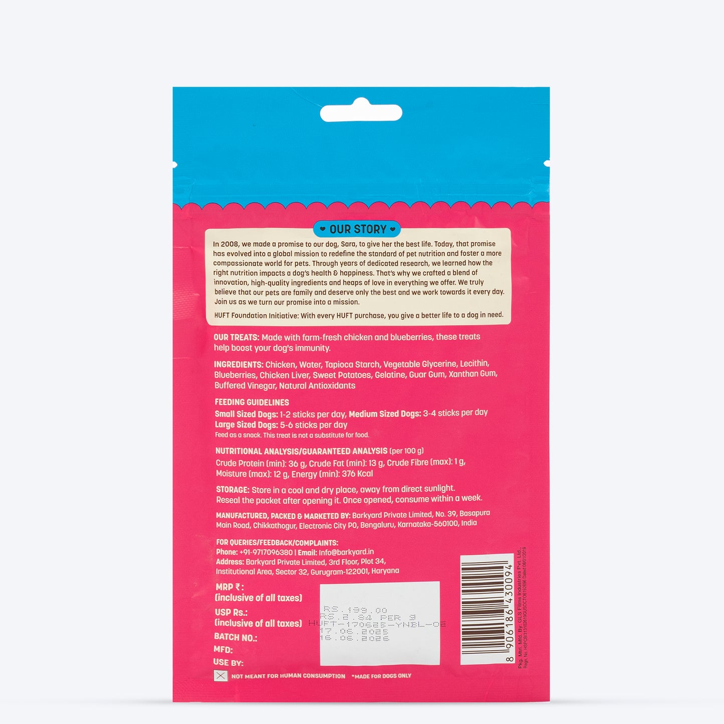HUFT Yum Nums Dog Treats Soft & Chewy Sticks Blueberry With Real Chicken - 70 gm - Heads Up For Tails