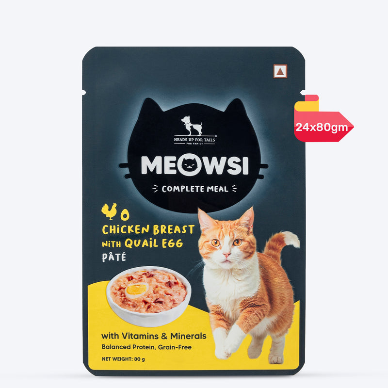 Meowsi by HUFT Chicken Breast with Quail Egg pâté Cat Wet Food, 80 gm, grain-free, with vitamins and minerals.