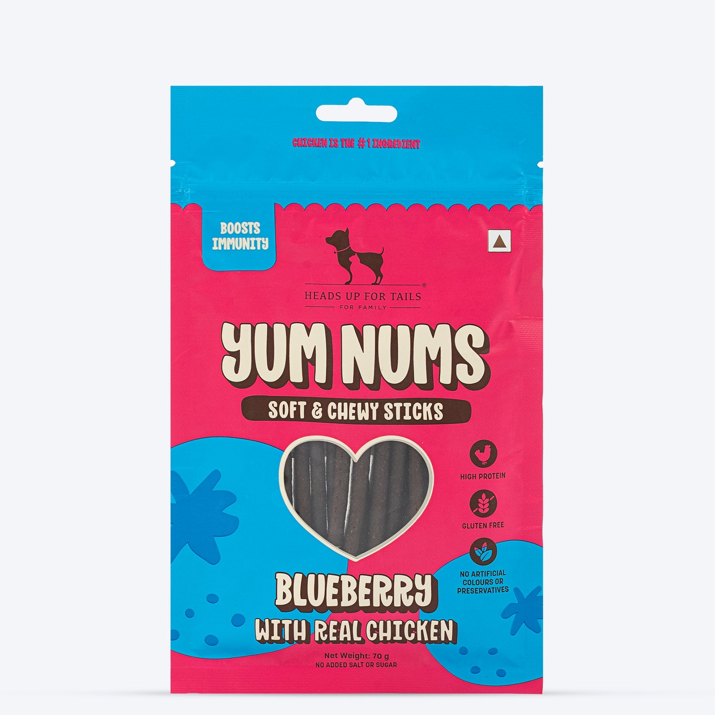 HUFT Yum Nums Dog Treats Soft & Chewy Sticks Blueberry With Real Chicken - 70 gm - Heads Up For Tails