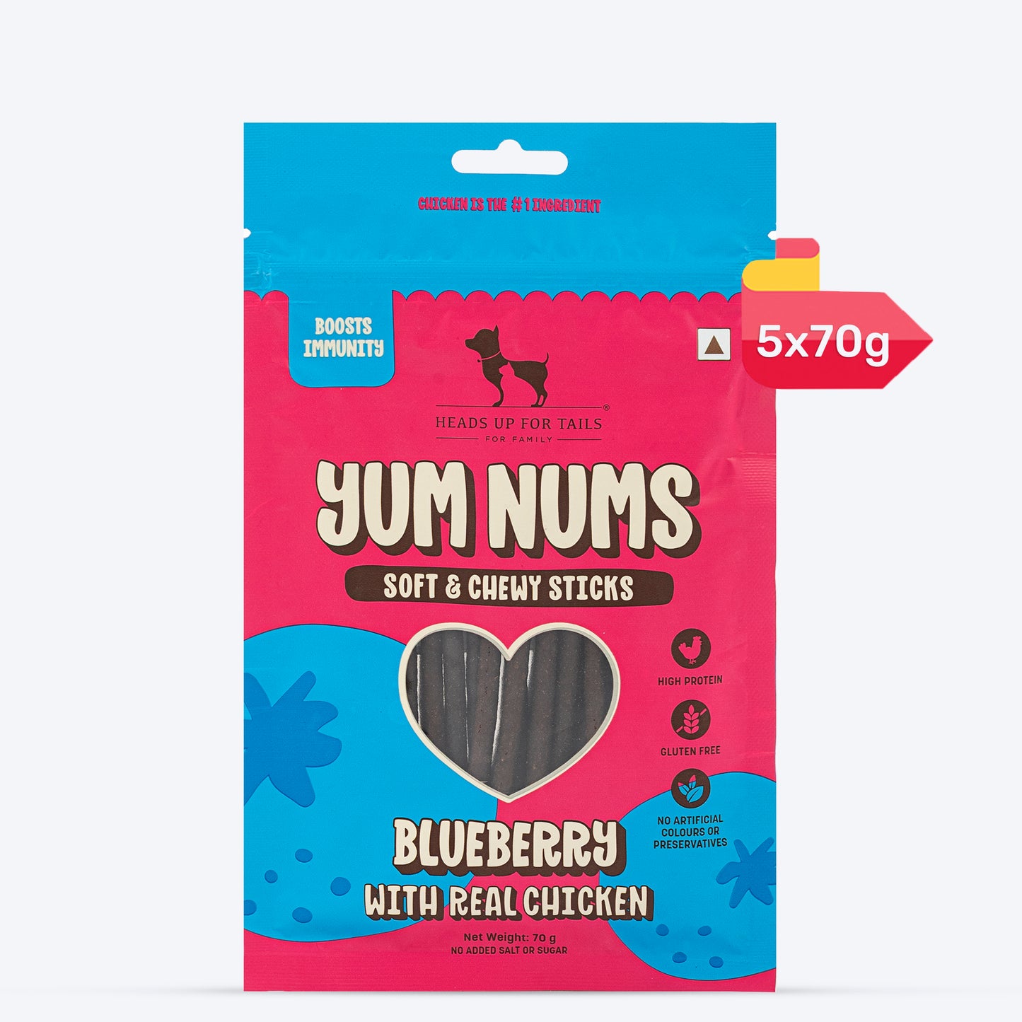 HUFT Yum Nums Dog Treats Soft & Chewy Sticks Blueberry With Real Chicken - 70 gm - Heads Up For Tails