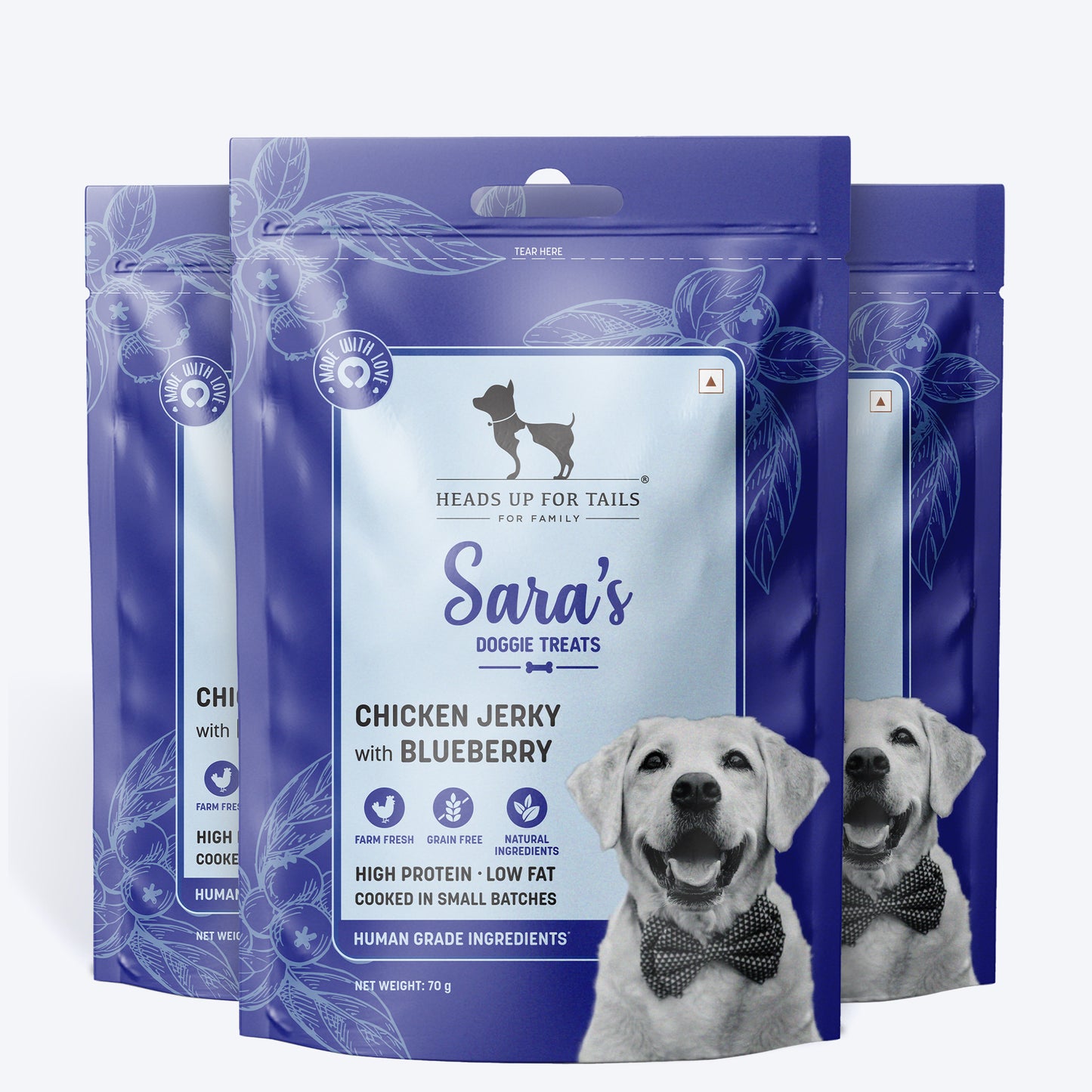 Sara's Doggie Treats - Dehydrated Chicken Jerky With Blueberry - 70 gm - Heads Up For Tails
