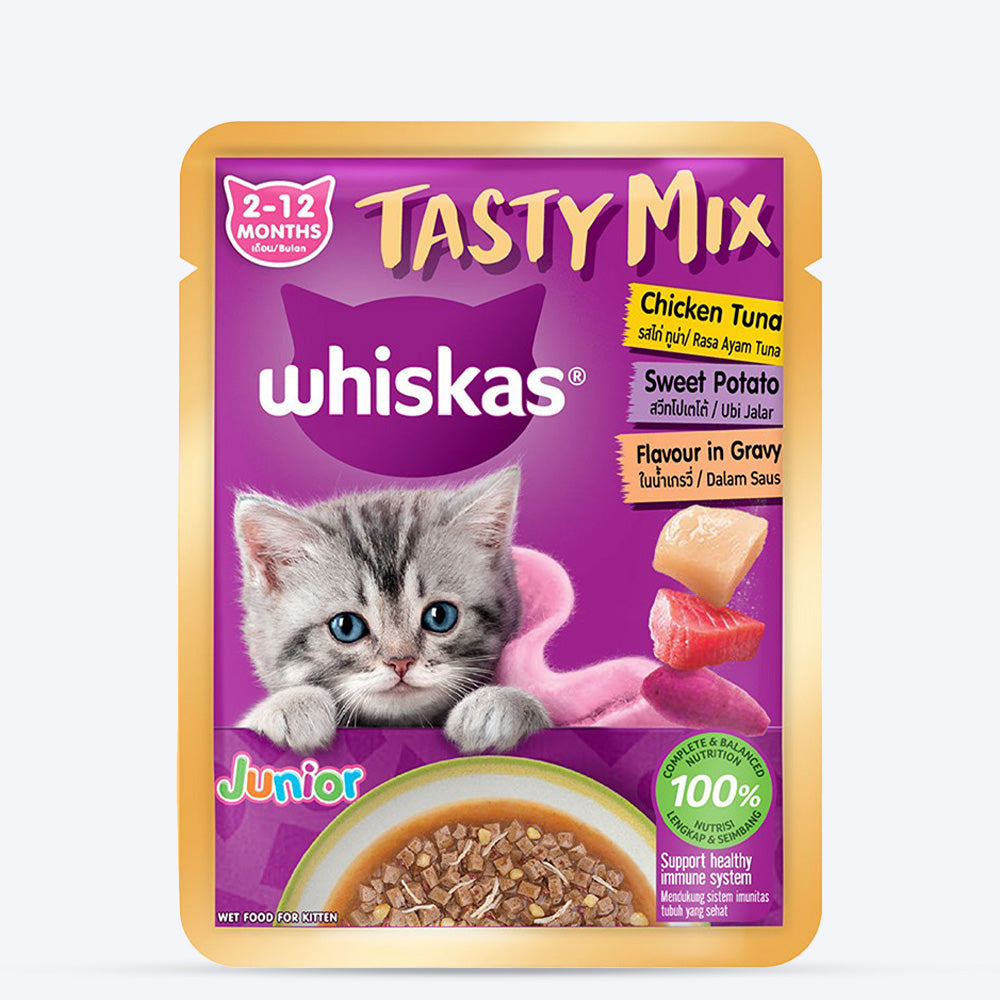 Whiskas Tasty Mix Chicken Tuna With Sweet Potato In Gravy Wet Food For Junior (2-12 Months) Kitten - 70 gm Pack - Heads Up For Tails