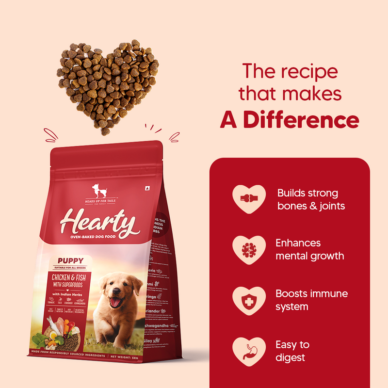 Hearty Oven-Baked Puppy Food by Heads Up for Tails, Chicken & Fish with Superfoods, 250g, suitable for all breeds.