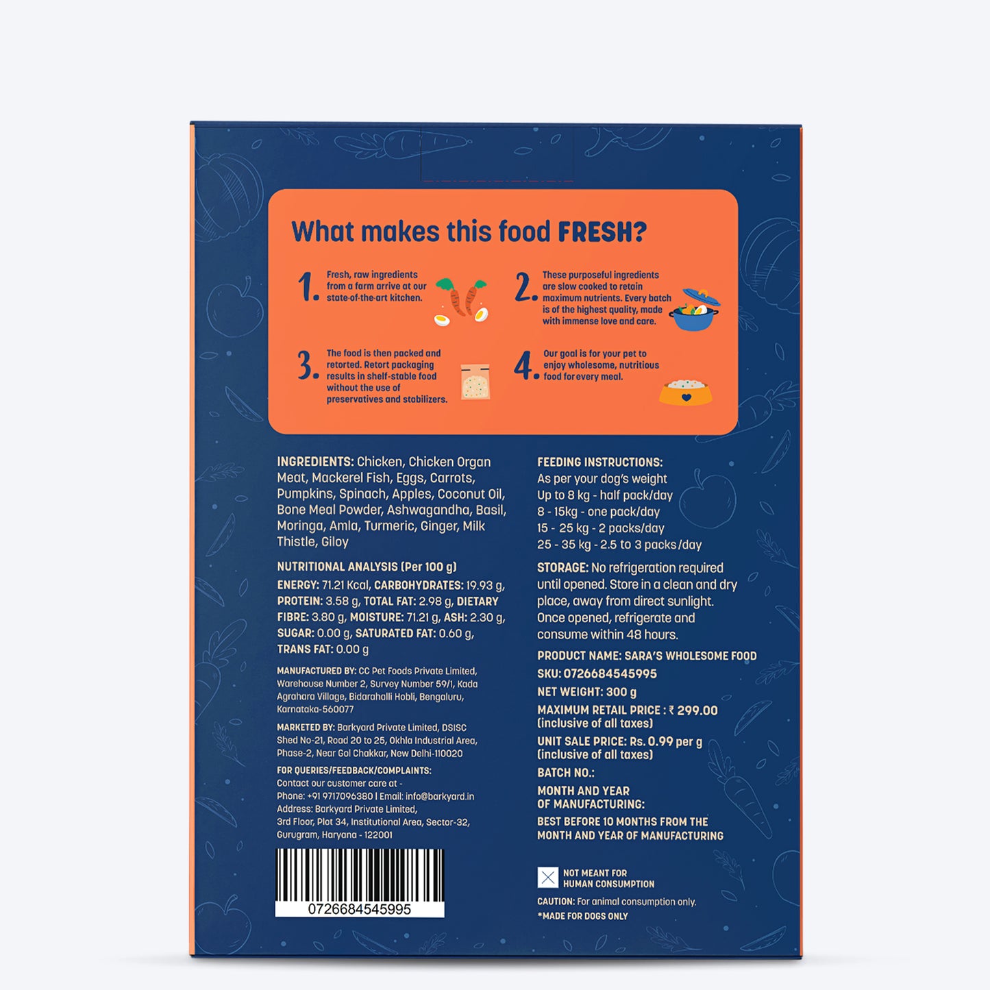 Sara's Wholesome Grain-Free Chicken & Veggies Dog Food - 300 gm - Heads Up For Tails