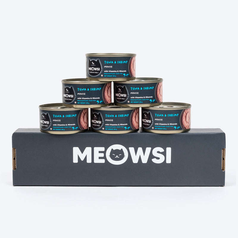 Meowsi by HUFT Tuna & Shrimp Mousse Canned Cat Wet Food, 80 gm, with vitamins and minerals, grain-free formula.