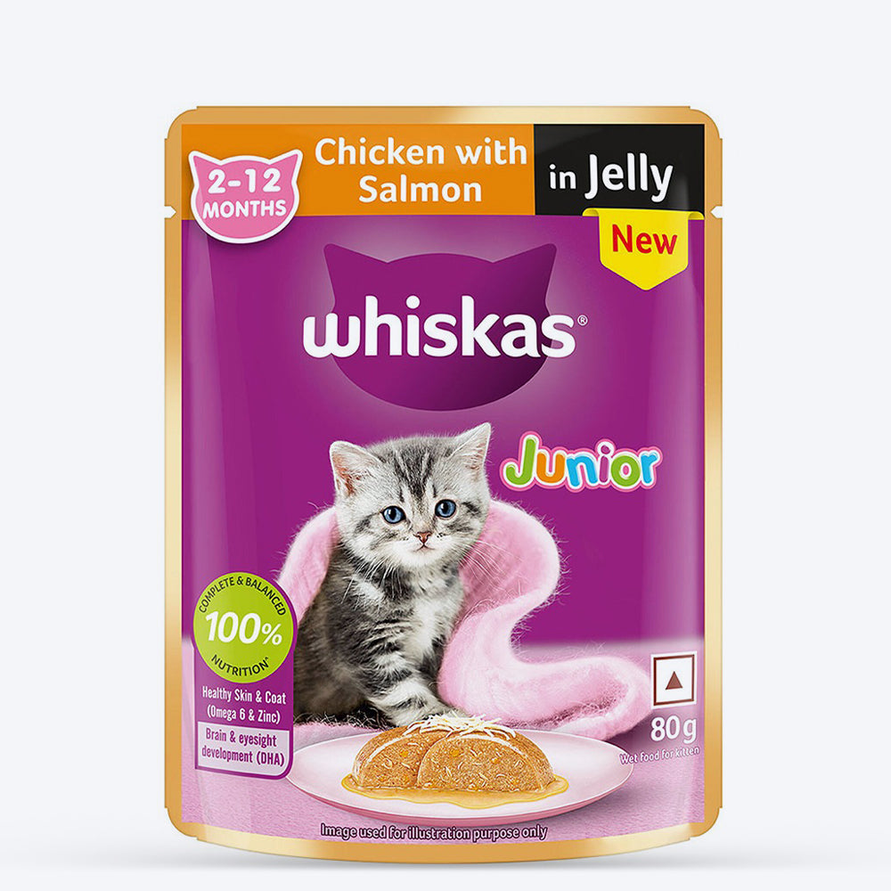 Whiskas Chicken With Salmon In Jelly Wet Food For Junior (2-12 Months) Kitten - 80 gm Pack - Heads Up For Tails