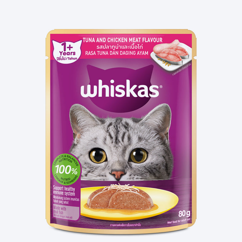 Whiskas Tuna and Chicken Meat in Jelly Flavour (1+ Years) Adult Cat Wet Food - 80 gm Pack
