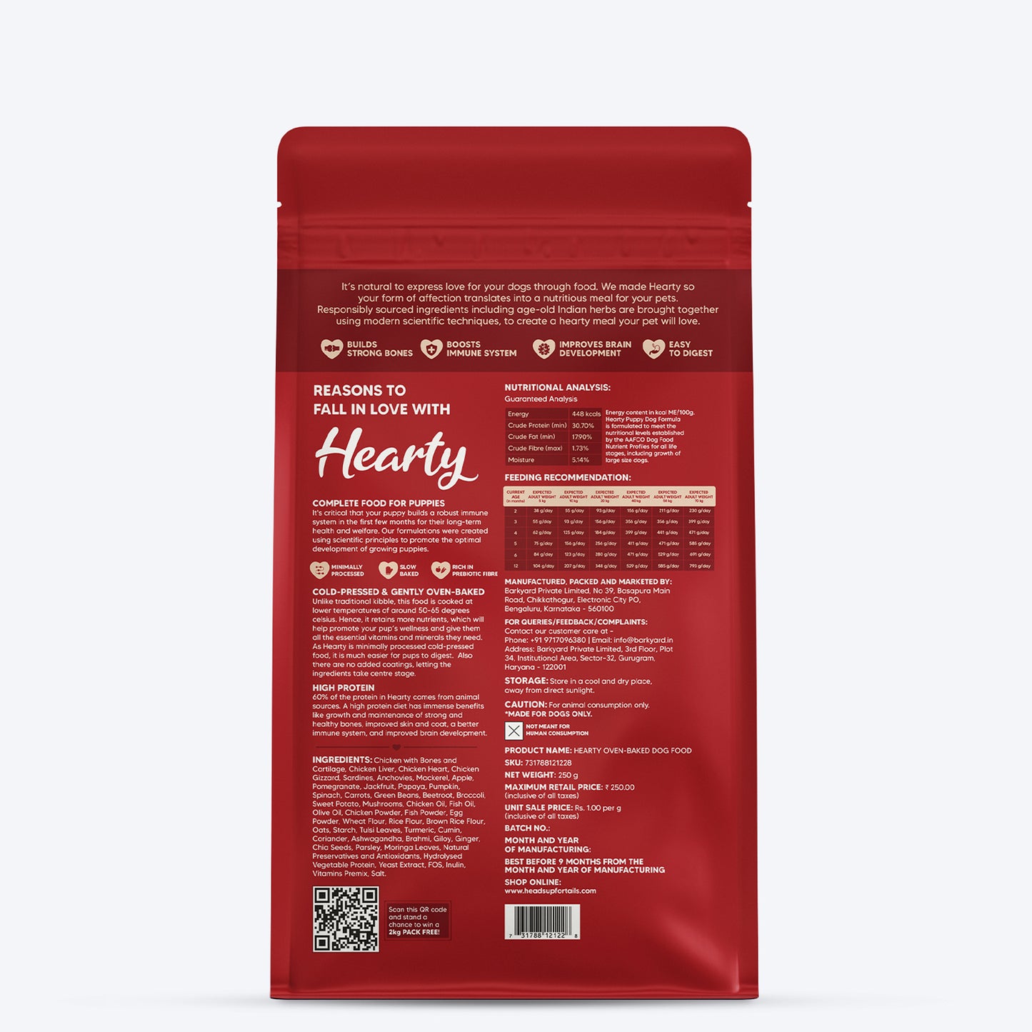 Hearty Oven-Baked Puppy Food by Heads Up for Tails, Chicken & Fish with Superfoods, 250g, suitable for all breeds.