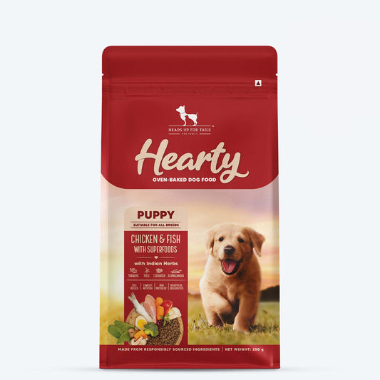 Hearty Oven-Baked Puppy Food by Heads Up for Tails, Chicken & Fish with Superfoods, 250g, suitable for all breeds.