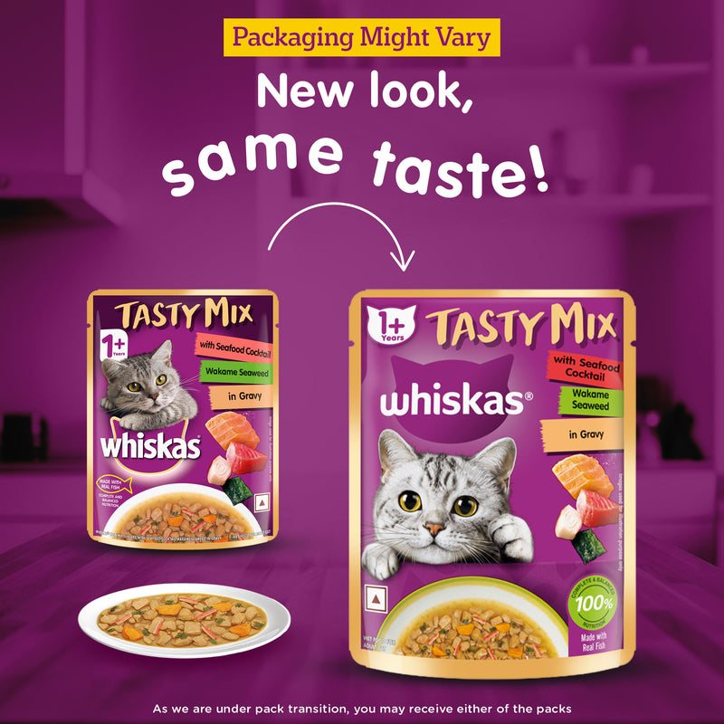 Whiskas Tasty Mix Wet Food Made With Real Fish (Seafood Cocktail & Wakame Seaweed) in Gravy For Adult (1+ year) Cat - 70 gm Pack - Heads Up For Tails