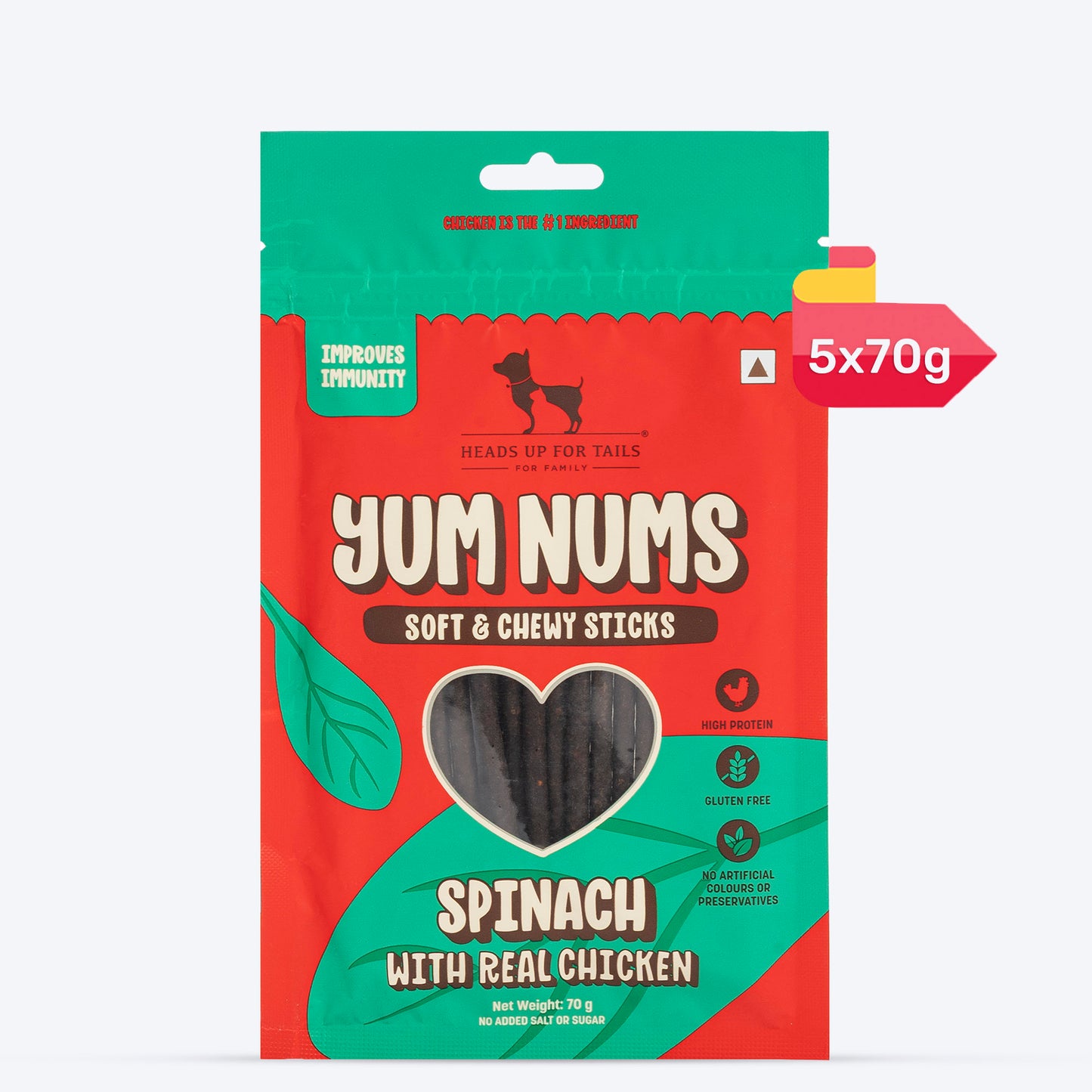 HUFT Yum Nums Dog Treats Soft & Chewy Sticks Spinach With Real Chicken - 70 gm - Heads Up For Tails